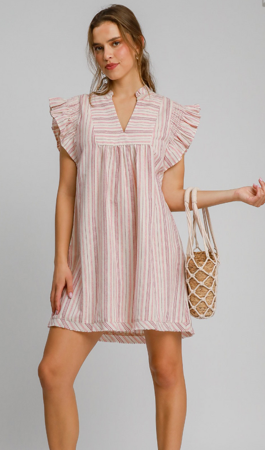 Striped V-Neck Ruffle Sleeve Raw Hem Dress - Pink