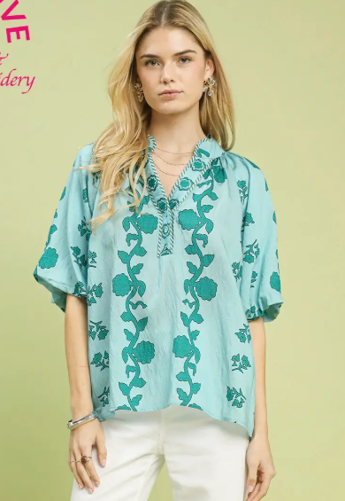 Vertical Floral Print Puff Sleeve Top-Teal