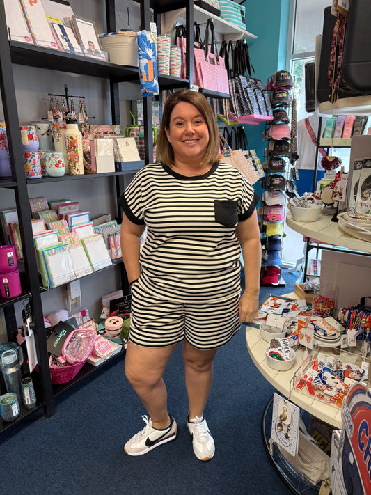 Striped Contrast Pocket Shirt & Shorts Set-Blk/Wht