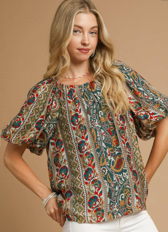 Vertical Boho Print Puff Sleeve Top-Green