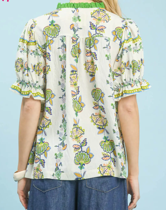 Vertical Floral V-Neck Puff Sleeve Top-Green