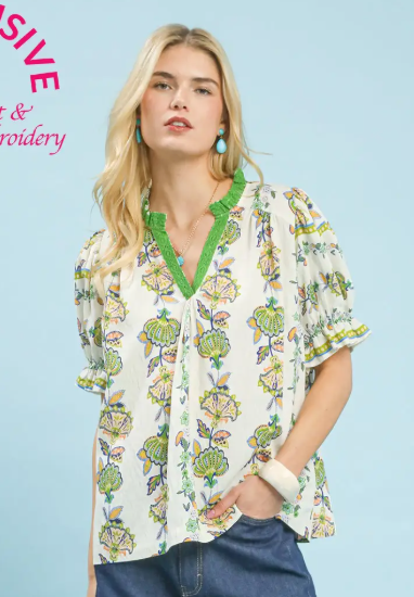 Vertical Floral V-Neck Puff Sleeve Top-Green