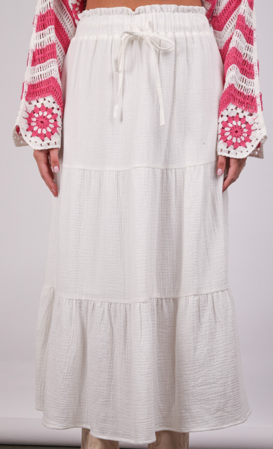 Tiered Elastic Waist Maxi Skirt-White