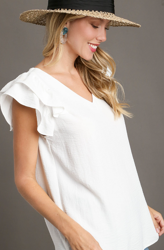 Solid V-Neck Double Ruffle Sleeve Top