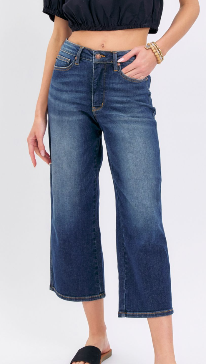 Mid Rise Tummy Control Crop Wide Leg Denim