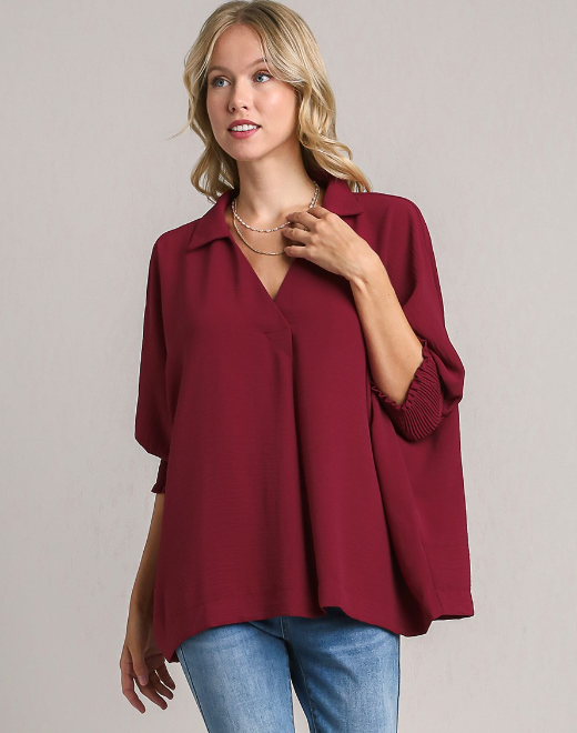 Solid Collared 3/4 Smocked Sleeve Swing Top