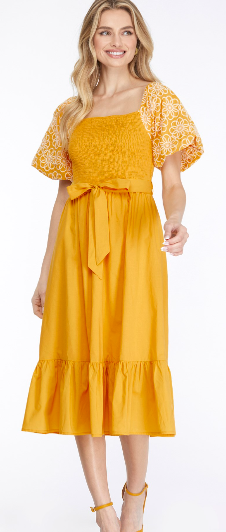 Embroidered Balloon Sleeve Midi Dress With Tie Sash - Yellow