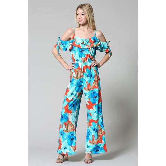 Floral Top Ruffle Jumpsuit-Coral