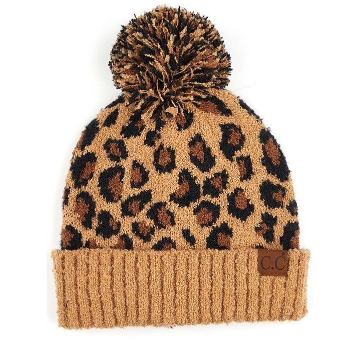 Leopard Knit Beanie with Pom Pom