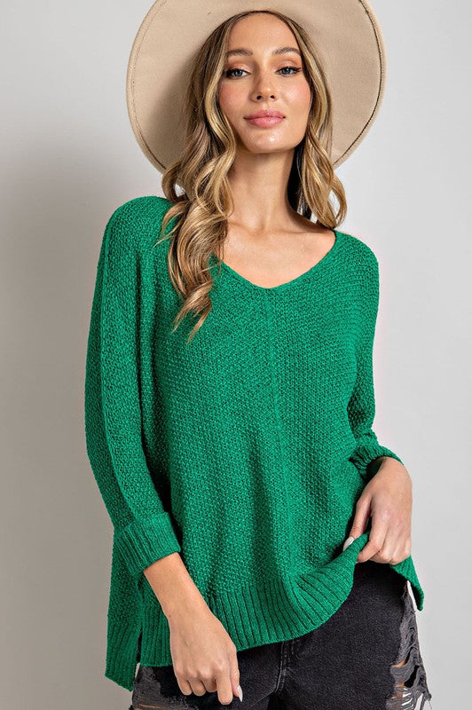 Solid V-Neck Loose Weave Cuffed 3/4 Sleeve Sweater