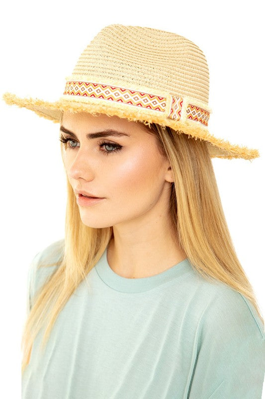 Aztec Band Straw Frayed Trim Hat-Yell/Org