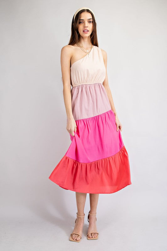 Asymmetrical Shoulder Color Block Midi Dress