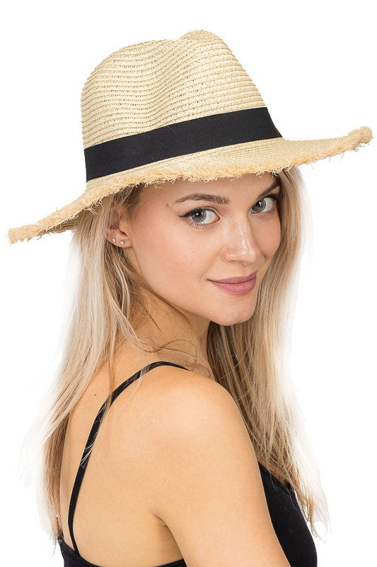 Frayed Brim Solid Banded Straw Hat