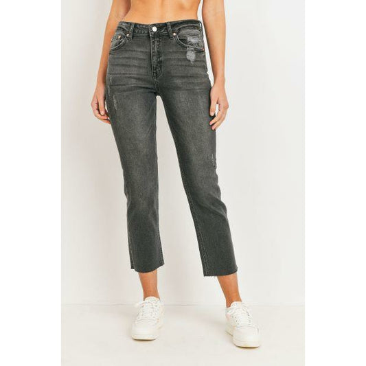 High Rise Crop Straight Scissor Cut Denim-Washed Blk