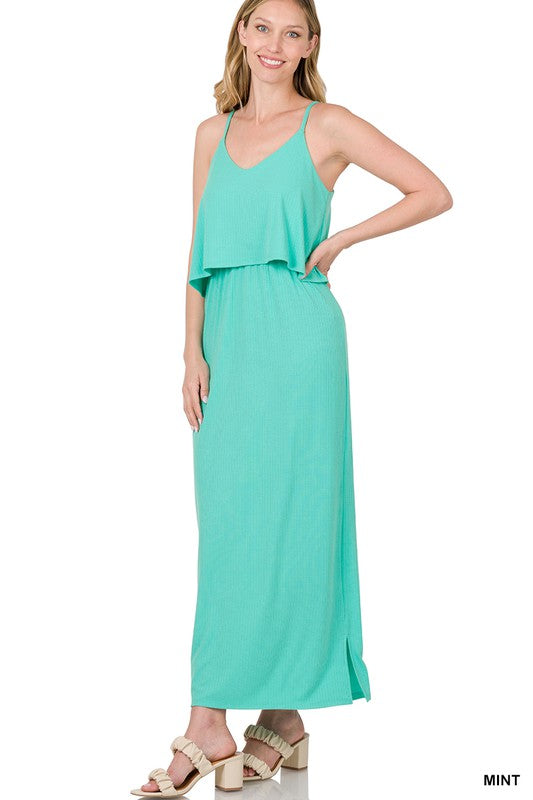 Solid Ribbed Cami Double Layer Maxi Dress