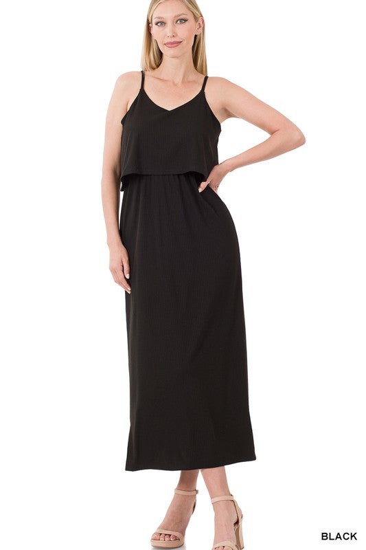 Solid Ribbed Cami Double Layer Maxi Dress
