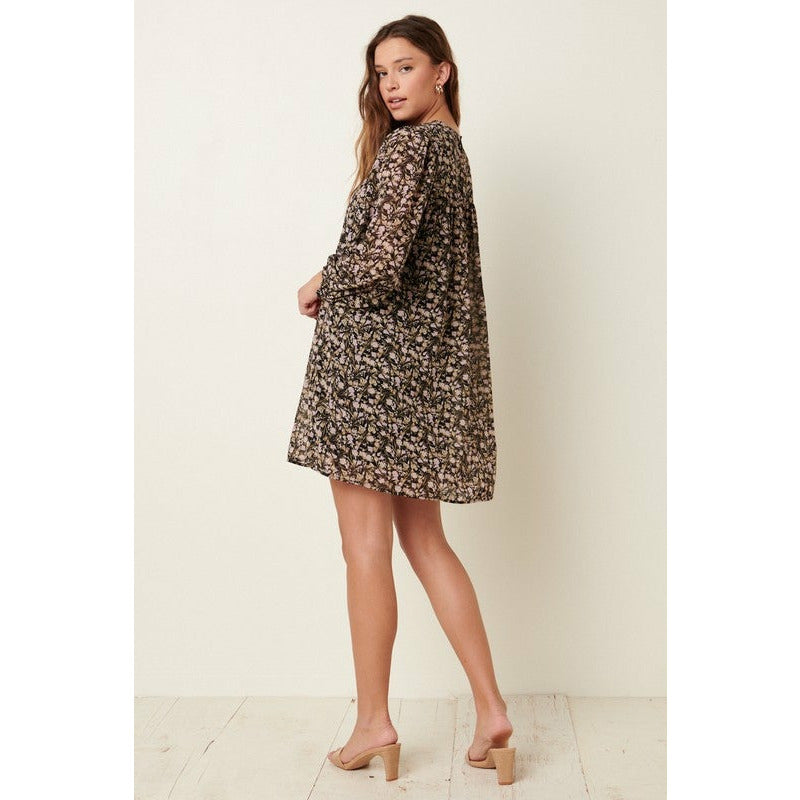 Floral Pin Tuck Puff Long Sleeve Dress-Black