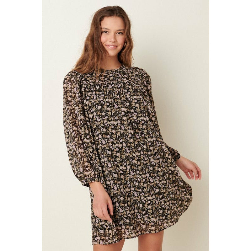 Floral Pin Tuck Puff Long Sleeve Dress-Black