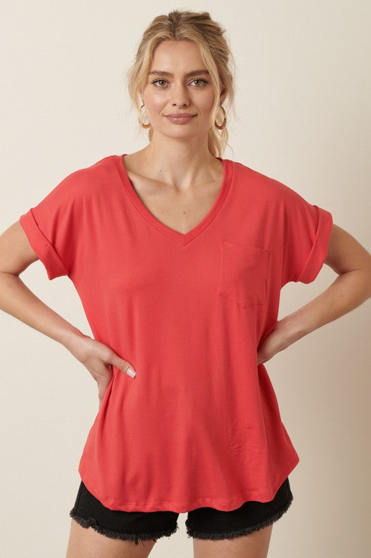 Solid V-Neck Cuffed Sleeve Pocket Top