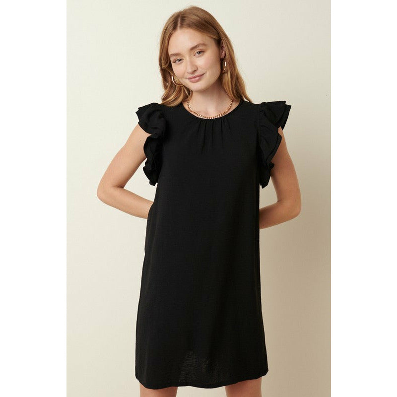 Solid Double Ruffle Sleeve Air Flow Shift Dress