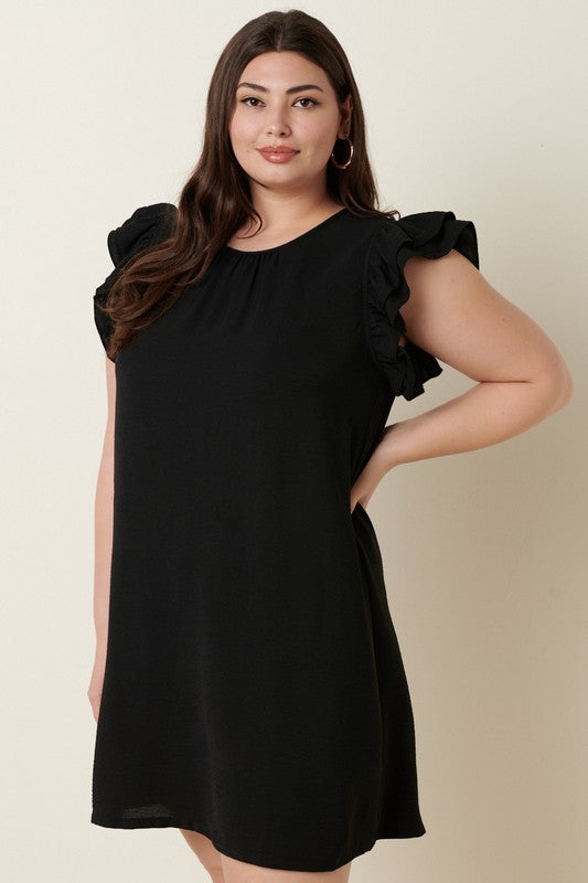 Solid Double Ruffle Sleeve Air Flow Shift Dress