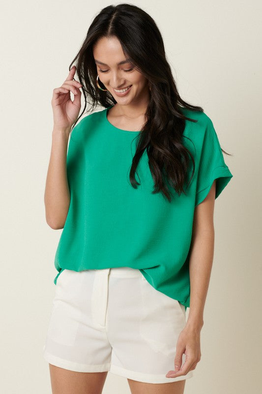 Solid Round Neck Dolman Sleeve Top