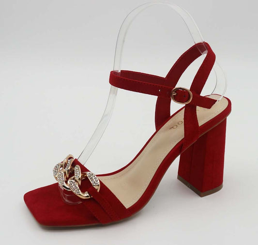 Jeweled Chain Strap Block Heel Shoe-Red
