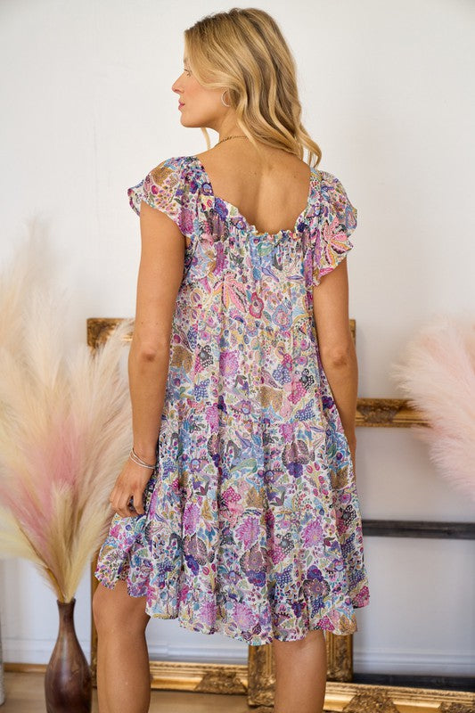 Floral Tiered Ruffle Shoulder Dress- Multi