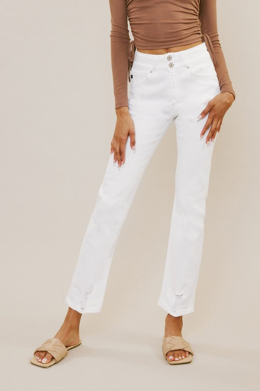 High Rise Double Button Straight Fit White Denim