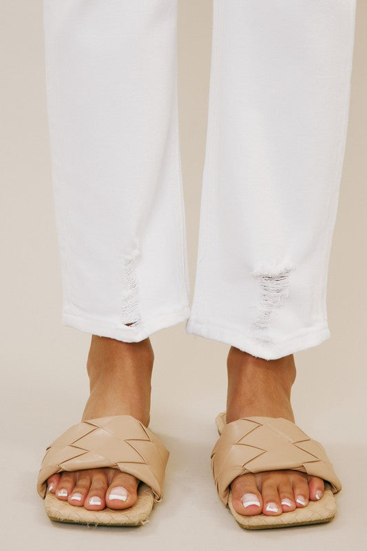 High Rise Double Button Straight Fit White Denim