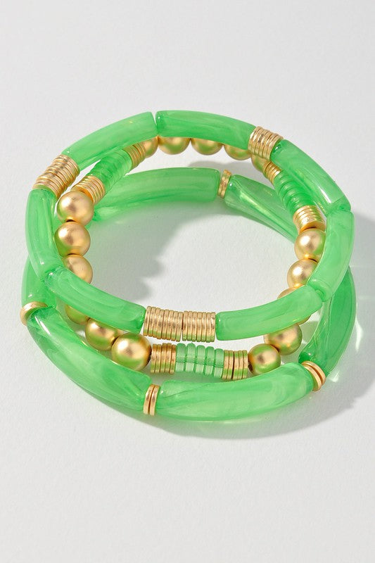 Acrylic Tube Bead & Gold Ball Bracelet Set