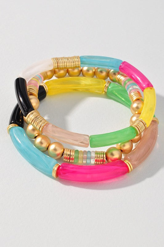 Acrylic Tube Bead & Gold Ball Bracelet Set