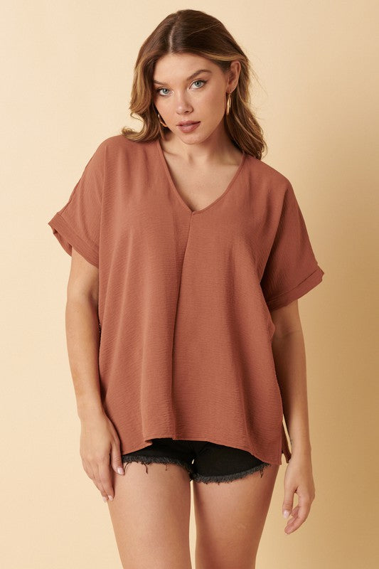 Solid V-Neck Dolman Sleeve Woven Top