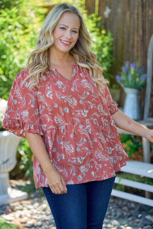 Floral Notch Neck Wide Ruffle Sleeve Top-Rust