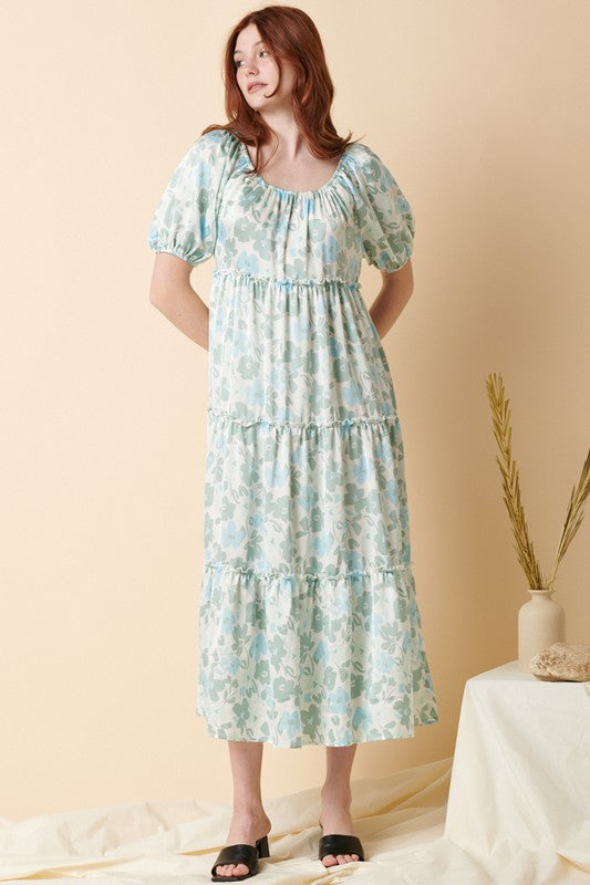 Satin Floral Tiered Puff Sleeve Maxi Dress