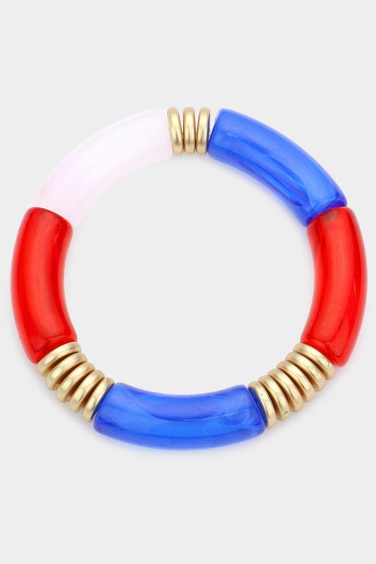 Acrylic Tube & Gold Disk Patriotic Bracelet-RWB