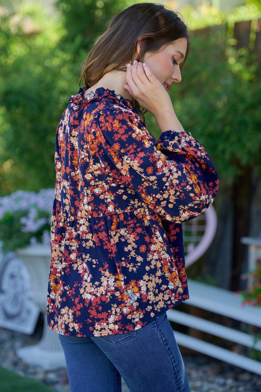 Floral Frill V-Neck Long Balloon Sleeve Top-Nvy