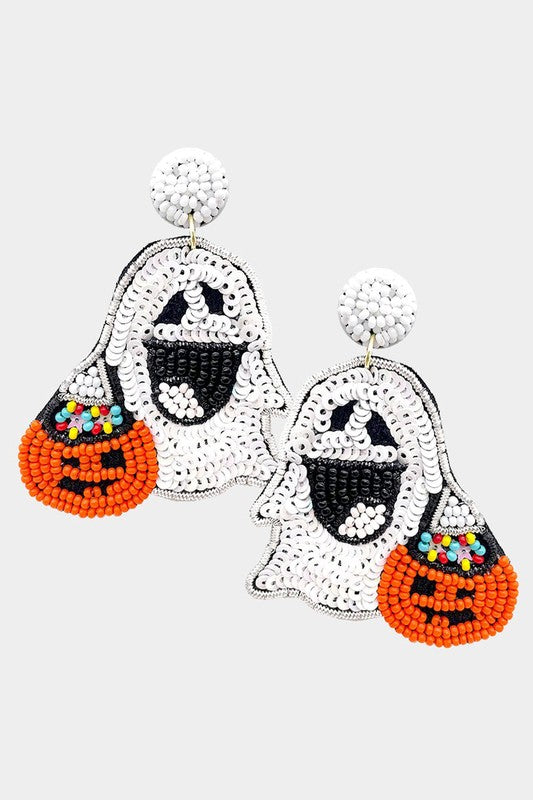 Ghost & Candy Pumpkin Beaded Earring