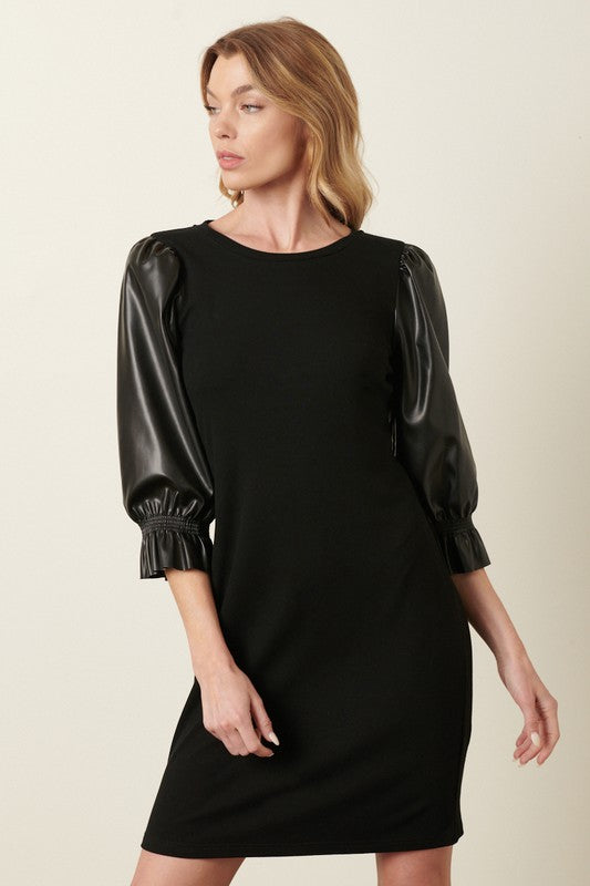 Ribbed Knit Faux Leather Puff Sleeve Dress-Black