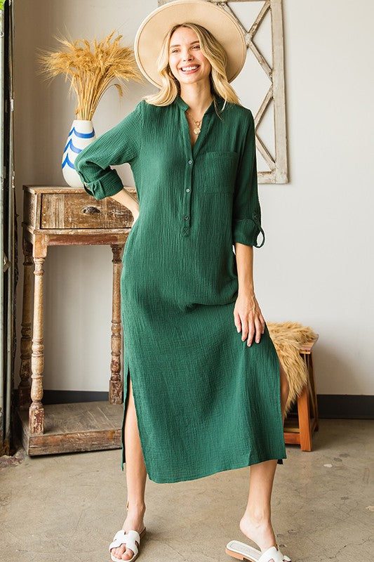 Solid Crinkle Button Down Long Sleeve Midi Shirt Dress
