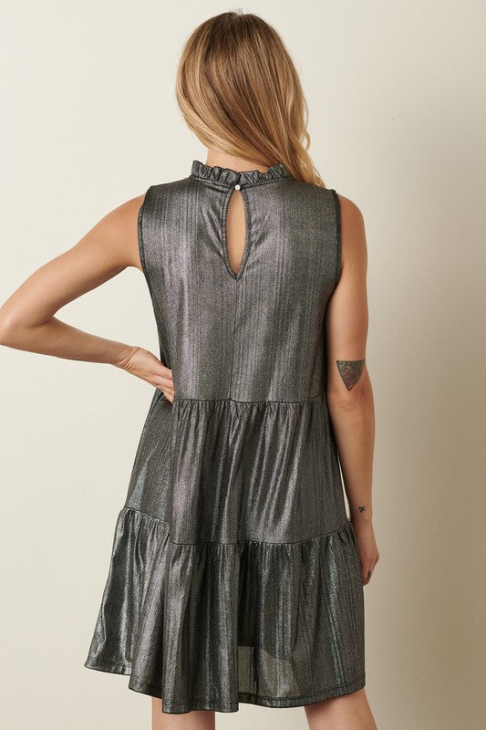 Metallic Shimmer Frill Neck Tiered Dress