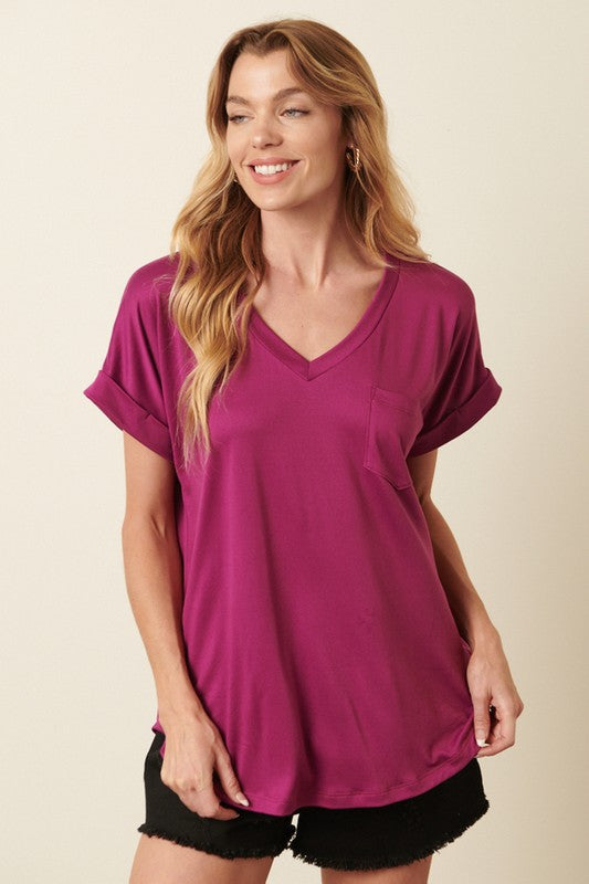 Solid V-Neck Cuffed Sleeve Pocket Top