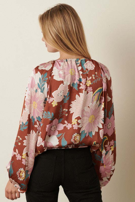 Large Floral Satin Long Sleeve Tie Neck Top-Copper