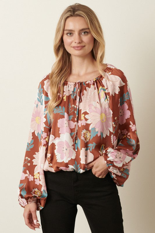 Large Floral Satin Long Sleeve Tie Neck Top-Copper