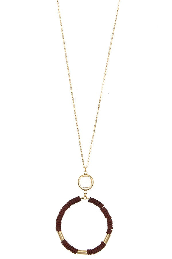 Round Crystal Drop Wood Disk Circle Necklace