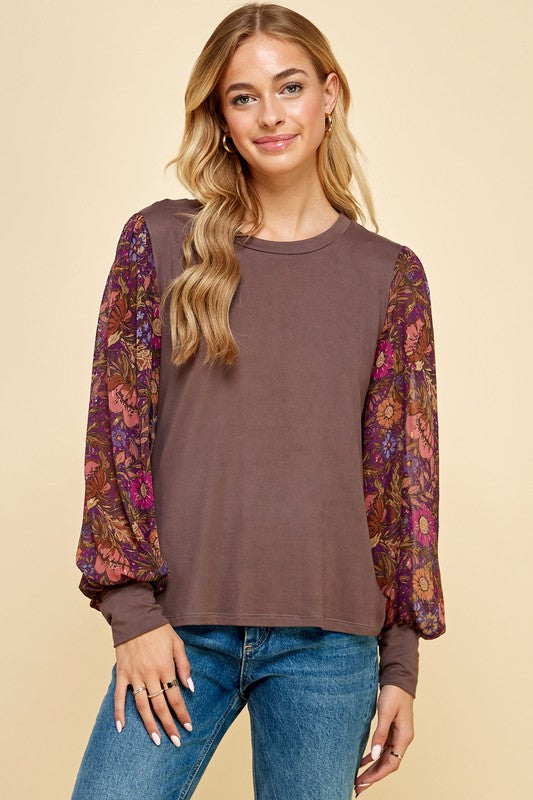 Solid Top w/ Floral Foil Dot Sleeves-Espresso
