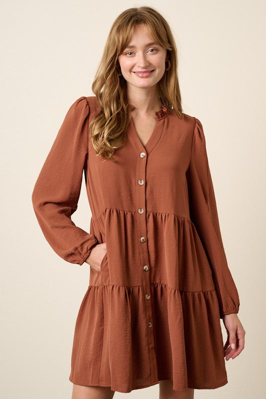 Solid Frill Neck Button Down Tiered Dress