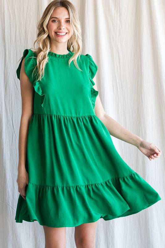 Solid Frill Neck Ruffle Detail Sleeve Dress