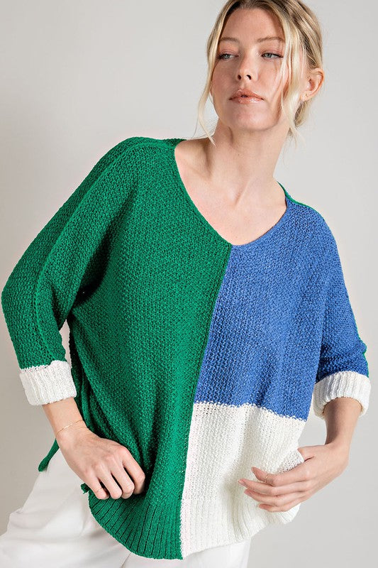 Color Block Loose Weave V-neck Sweater