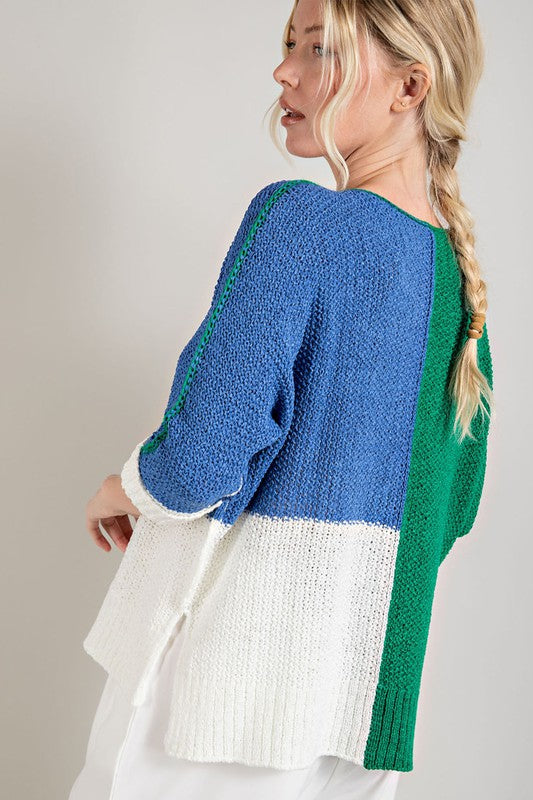 Color Block Loose Weave V-neck Sweater